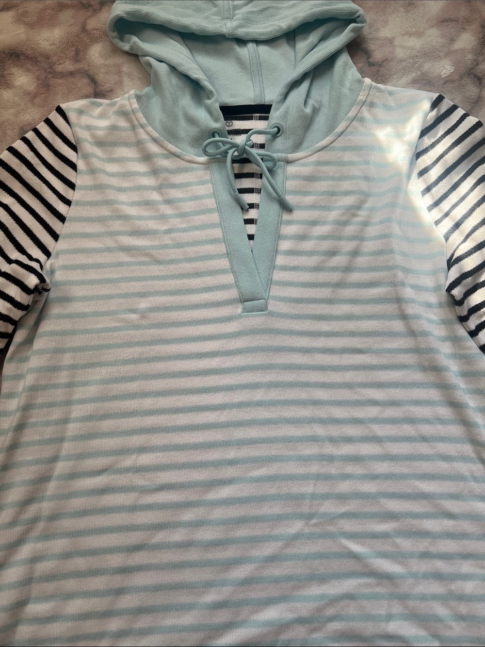 Talbots Striped Lace-Up Hooded Top in Aqua, White & Black